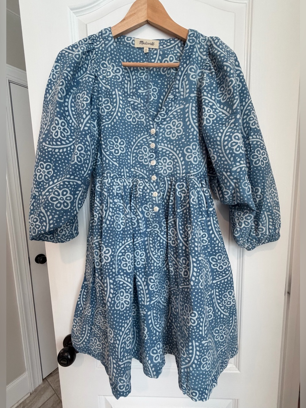 Madewell bubble sleeve dress in indigo paisley block print
